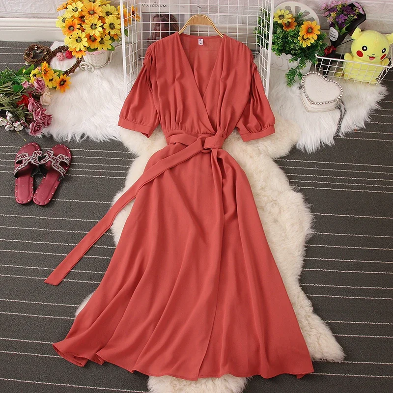 

2024 Slashs Elegant Solid V-neck Short Sleeve Folds Vestido Women Casual Lace-up Pleated Chiffon Dress New Tide Summer