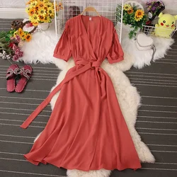Slashs Elegant Solid V-neck Short Sleeve Folds Vestido Women Casual Lace-up Pleated Chiffon Dress New Tide Summer