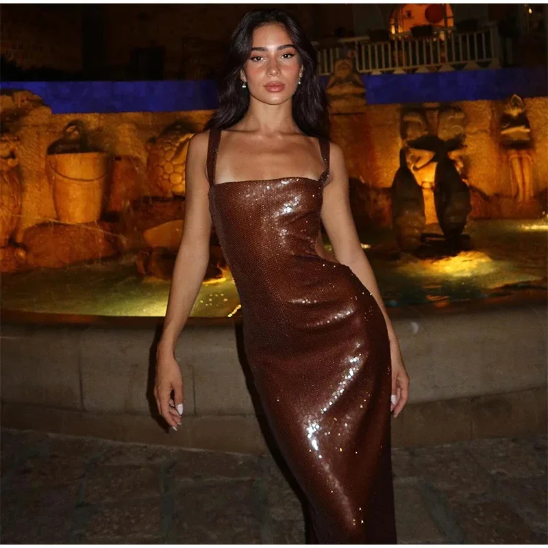 

Women Sparkling Sequins Bodycon Maxi Evening Party Dress Spaghetti Straps Sleeveless Backless Split Tube Long Robe Clubwear