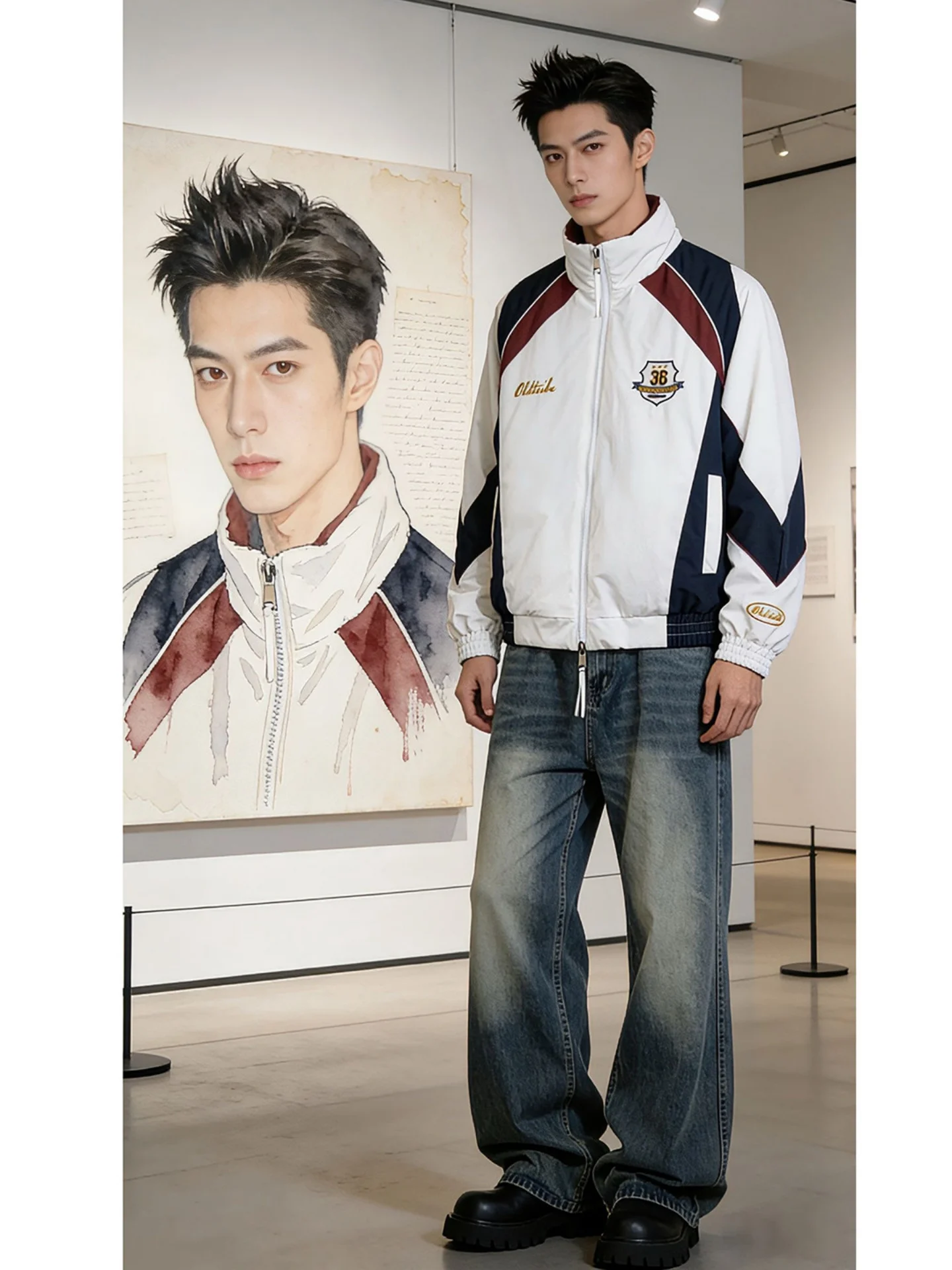 

American Sli Embroidered Color Blo Stand Collar Men's Cotton Jaet Winter Thi Warm ort Wide Boxy High Street Motor...