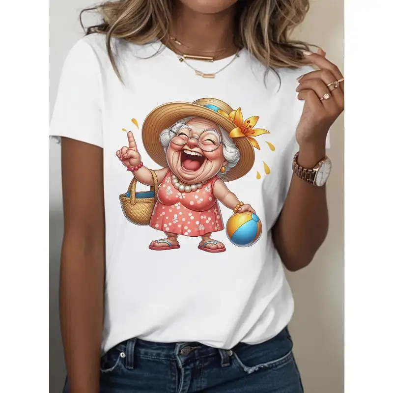 

Cute Funny Cartoon Grandma Nana T-Shirt, Women's Summer Vacation Beach Holiday Gift Top, Comfy Casual Short Sleeve Graphic Tee