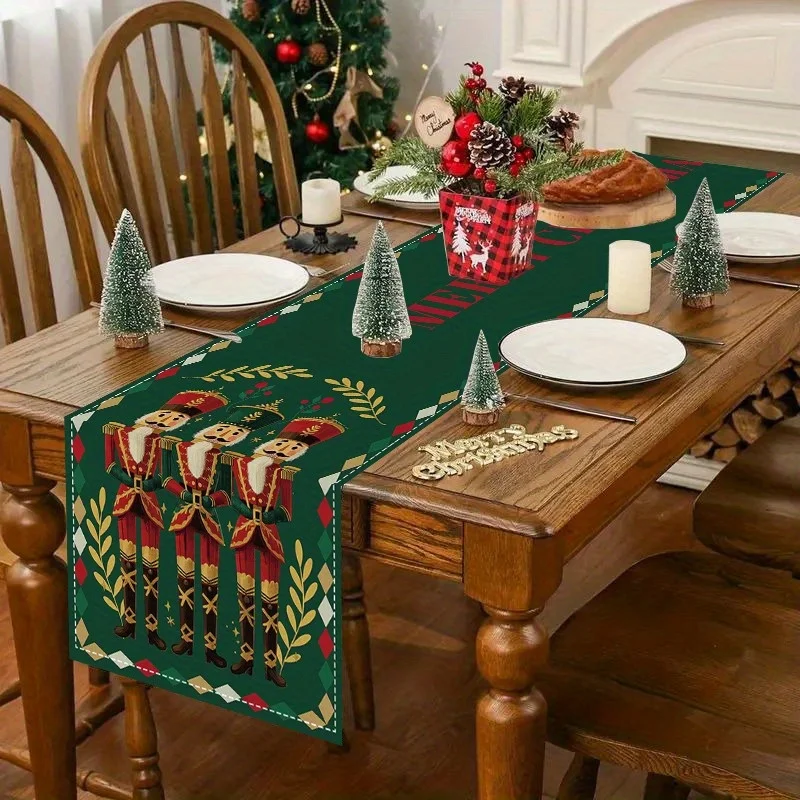 Merry Christmas Nutcracker Holly Linen Table Runner Party Decor Reusable Winter Kitchen Dining Table Runner Christmas Decoration
