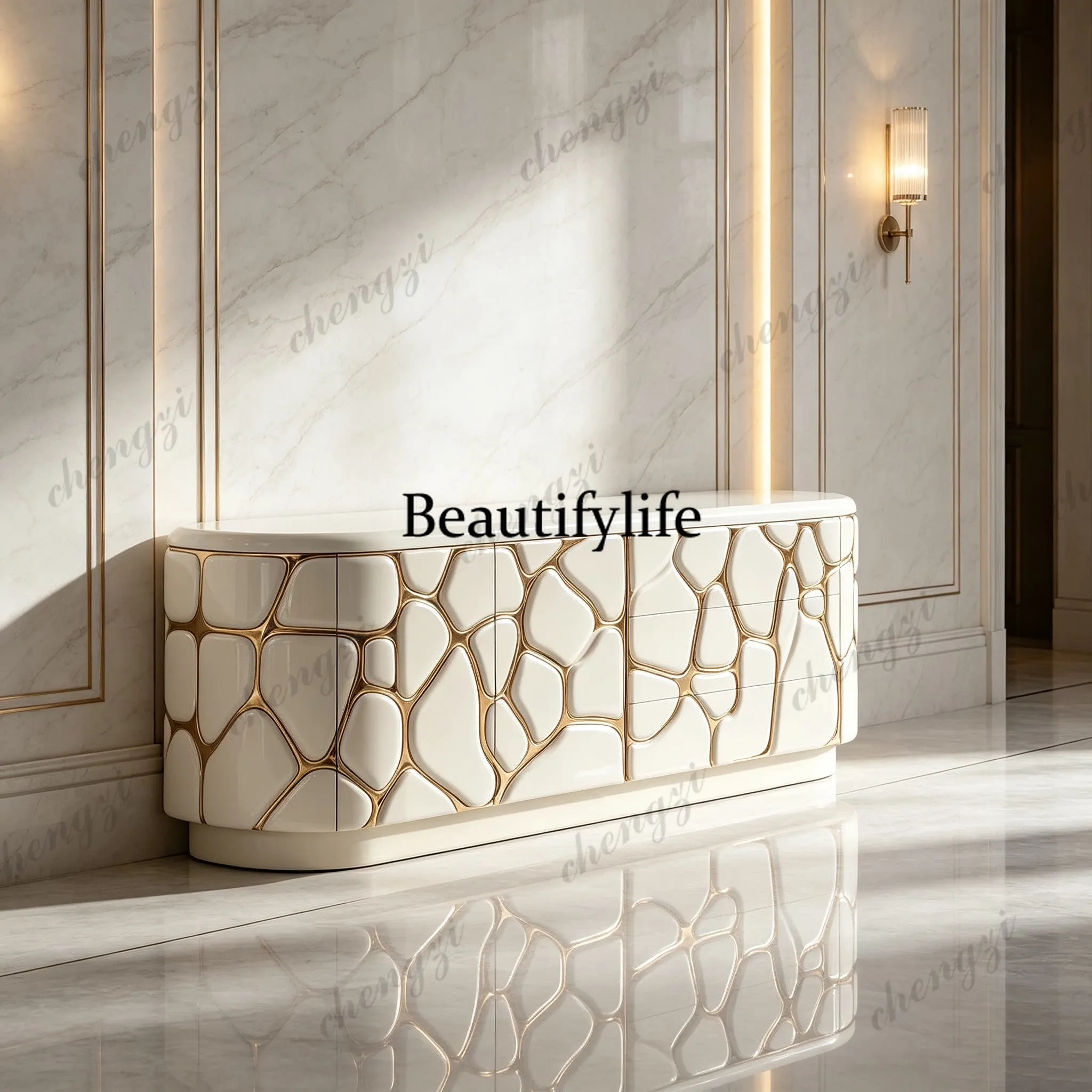 Light luxury relief, dining side cabinet, mansion living room decoration baking paint, geometric splicing entrance floor cabinet