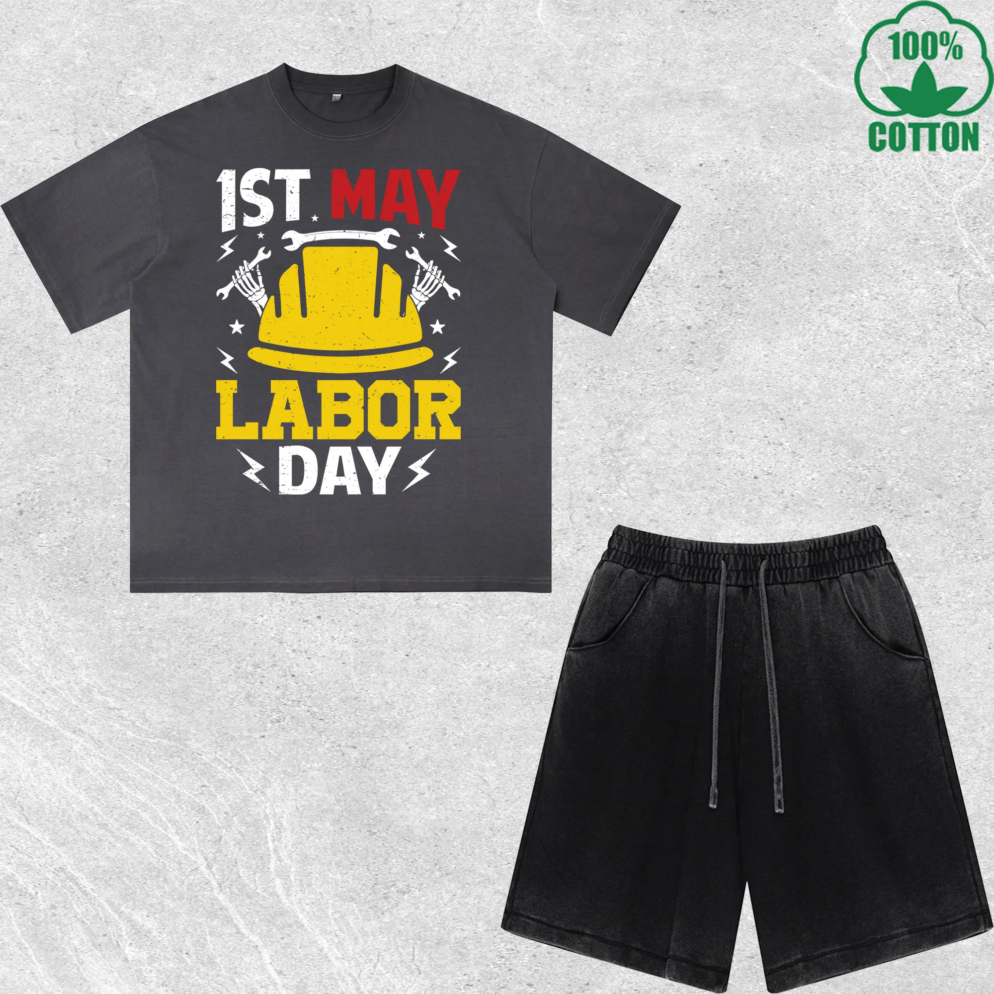 

1St May Labor Day Printed Dirty Wash 100%Cotton T-Shirt Shorts Set Multicolor Combo Loose Trendy Fashionable