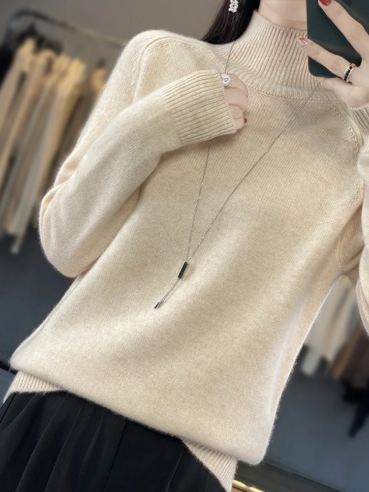 Autumn Merino Wool Sweater Mockneck Cashmere Pullover Knitwear Women  Fashion Basic Slim Long Sleeve Spring Clothing Tops