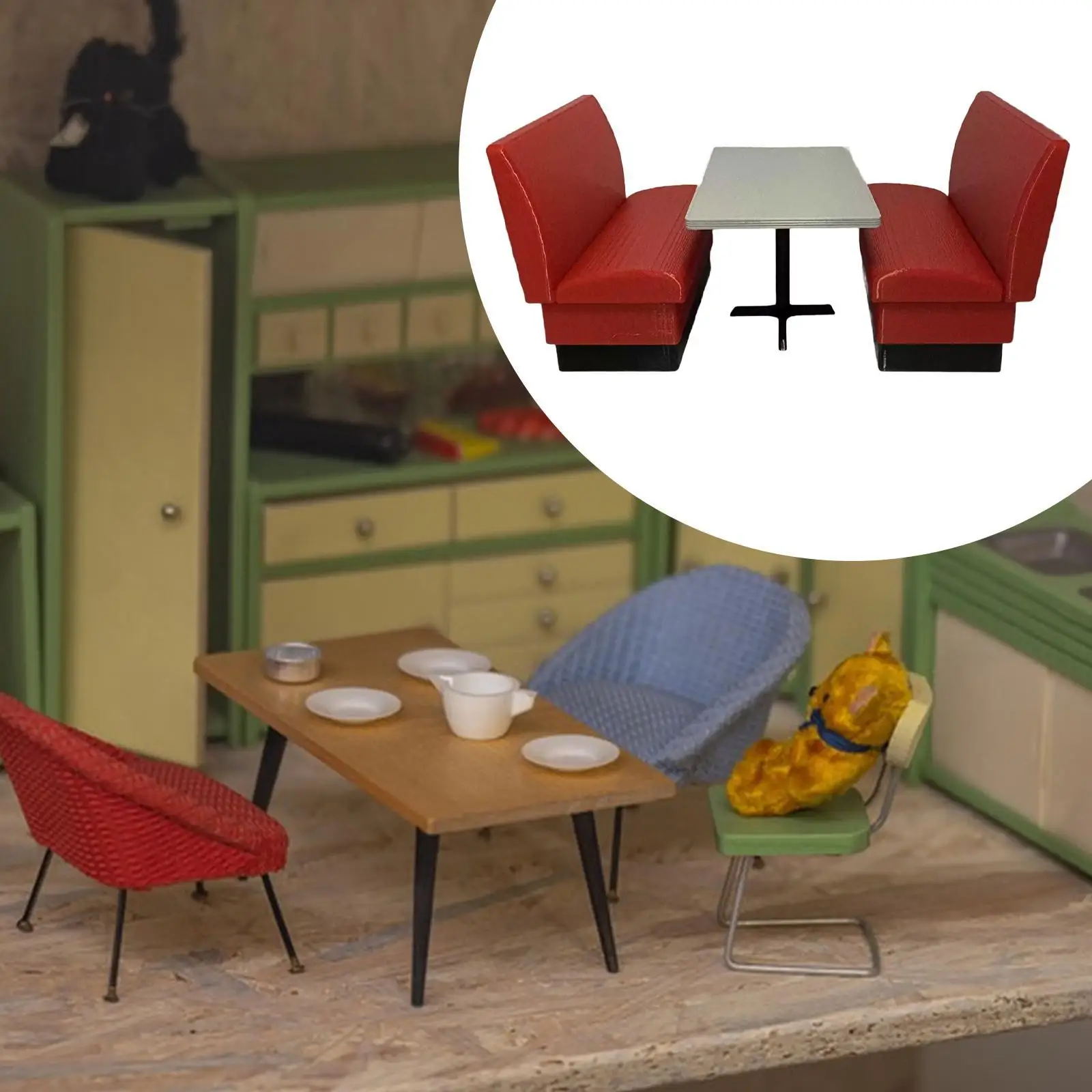 Miniature Table Chair Model Red Gray Booth Sofa Furniture Toy Kit for Milk Tea Shop Diorama Decor Dollhouse Accessory