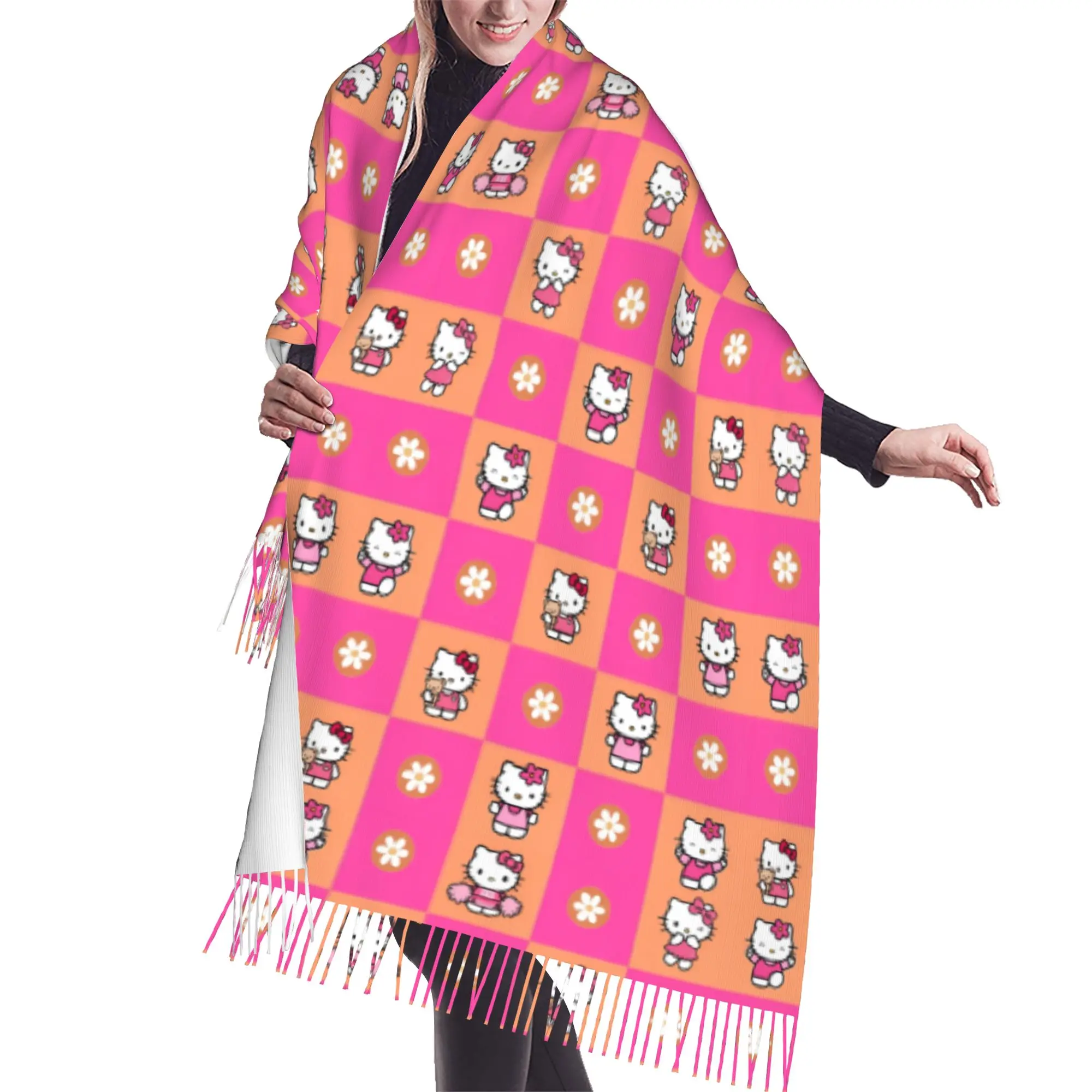 Custom Kitten Cat Cartoon Scarf Wrap Women Long Winter Warm Tassel Shawl Unisex Anime Scarves