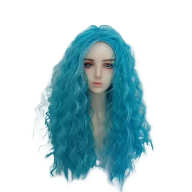 소녀들을 위한 애니메이션 코스프레 가발 빨간 머리 할로윈 긴 곱슬 웨이브 가발 핑크 블루 내열성 합성 머리 크리스마스 헤드피스
