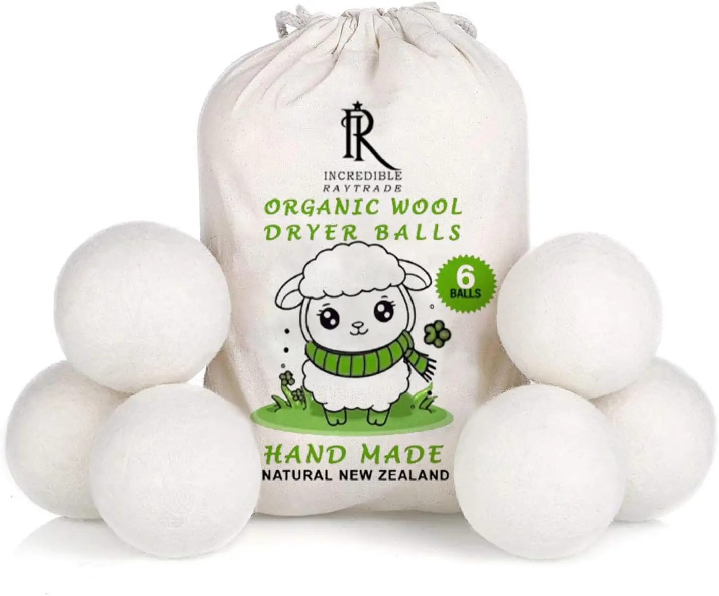 

6-Pack Organic Wool Dryer Balls - Reduces Wrinkles, Saves Drying Time, Reusable Natural Fabric Softener