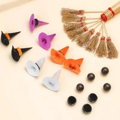

1 Set Miniature Witch Hat Broom and Cauldron Decor Tiny Halloween Party Props for Crafts Home Decoration