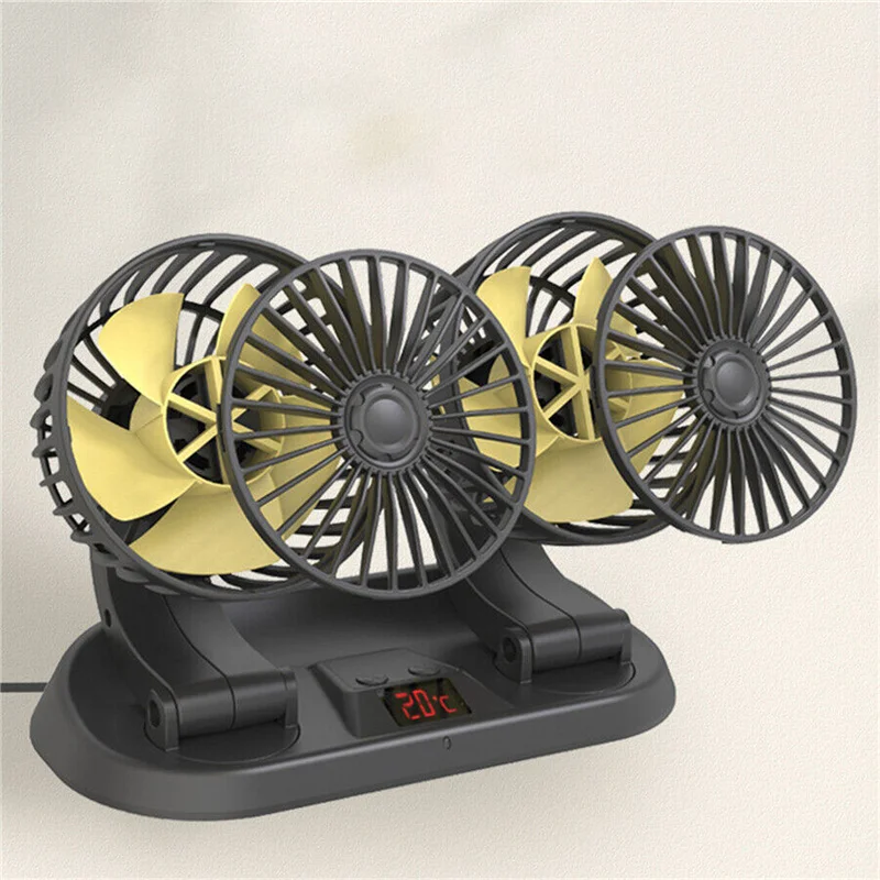 1pc Black 360 ° Three Speed Adjustable Dual Head With LCD Display 12V/24V Universal Car Fan