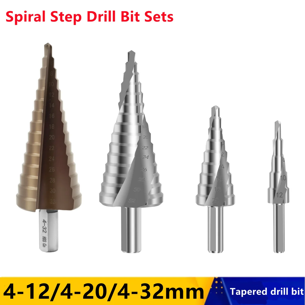 ดอกสว่านเจาะรูแบบขั้นบันไดเคลือบไทเทเนียม HSS ขนาด 4-32 มม. 4-20 มม. 4-12 มม. เหล็กกล้าความเร็วสูง สำหรับเจาะโลหะและไม้ เครื่องมือเจาะรูทรงกรวย เครื่องมือไฟฟ้า