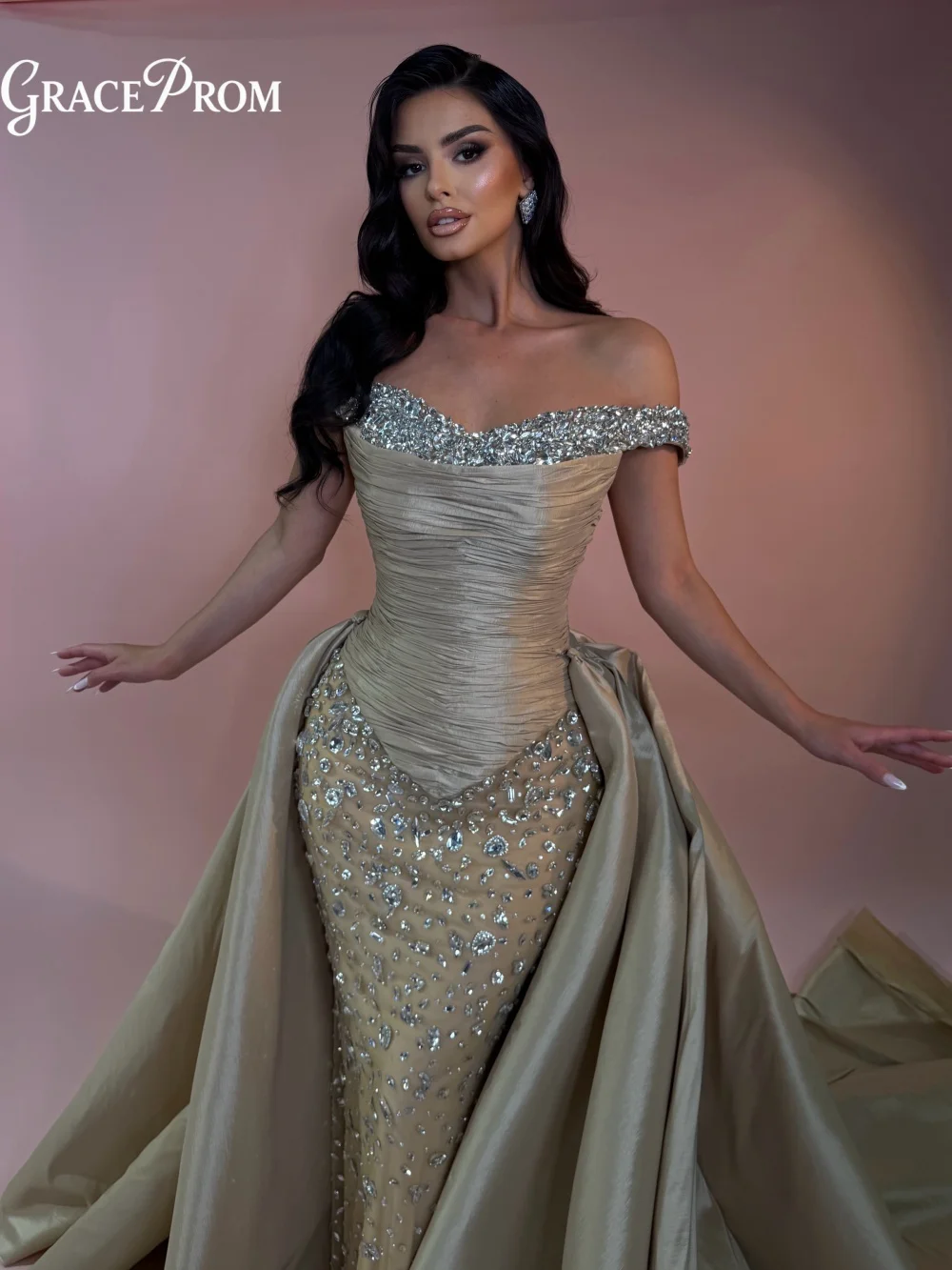

Sparkly Champagne Mermaid Evening Gown Off The Shoulder Beaded Dress With Detachable Overskirt For Wedding Guests فساتين سهرة