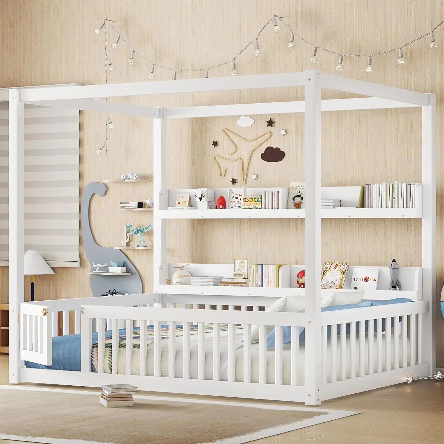 

Полноразмерная кровать-диван с книжным шкафом и защитными бортиками для детей, напольная кровать Монтессори с ламелями