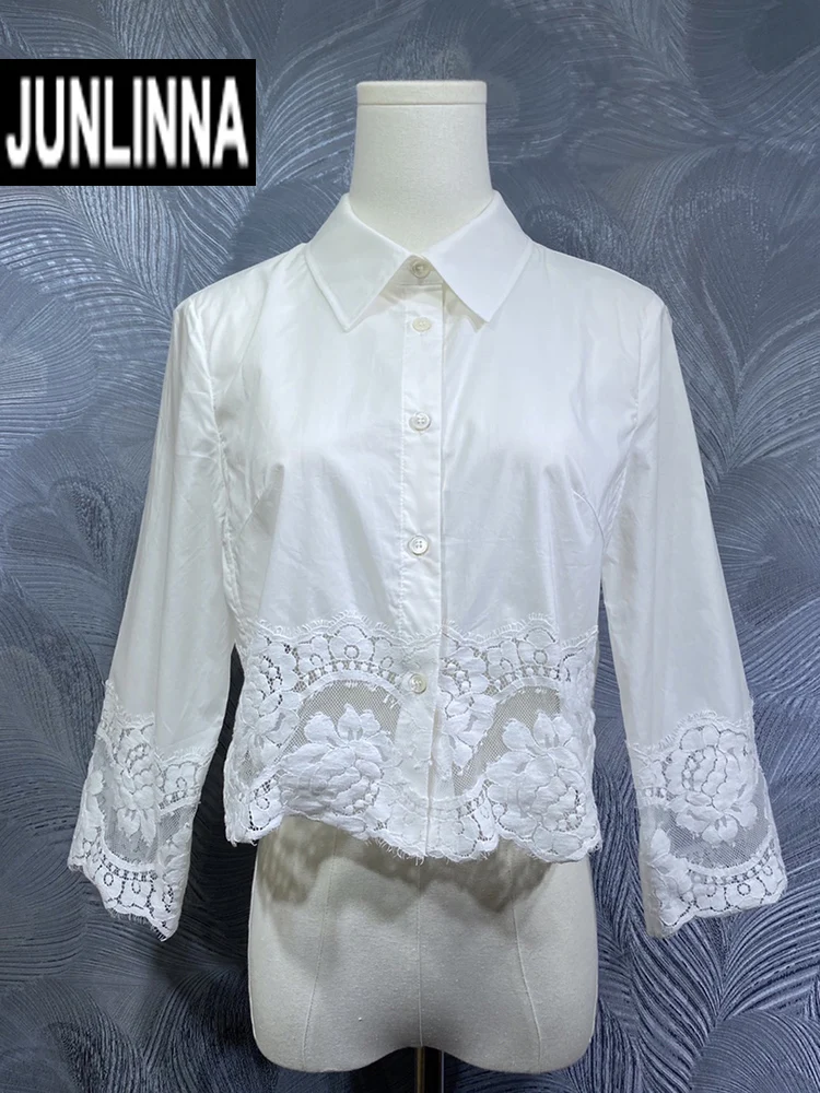 JUNLINNA Fashion Younger Blouses Spring Summer 100% Cotton White Shirt Turn-down Collar Long Sleeve Lace Patchwork Tops