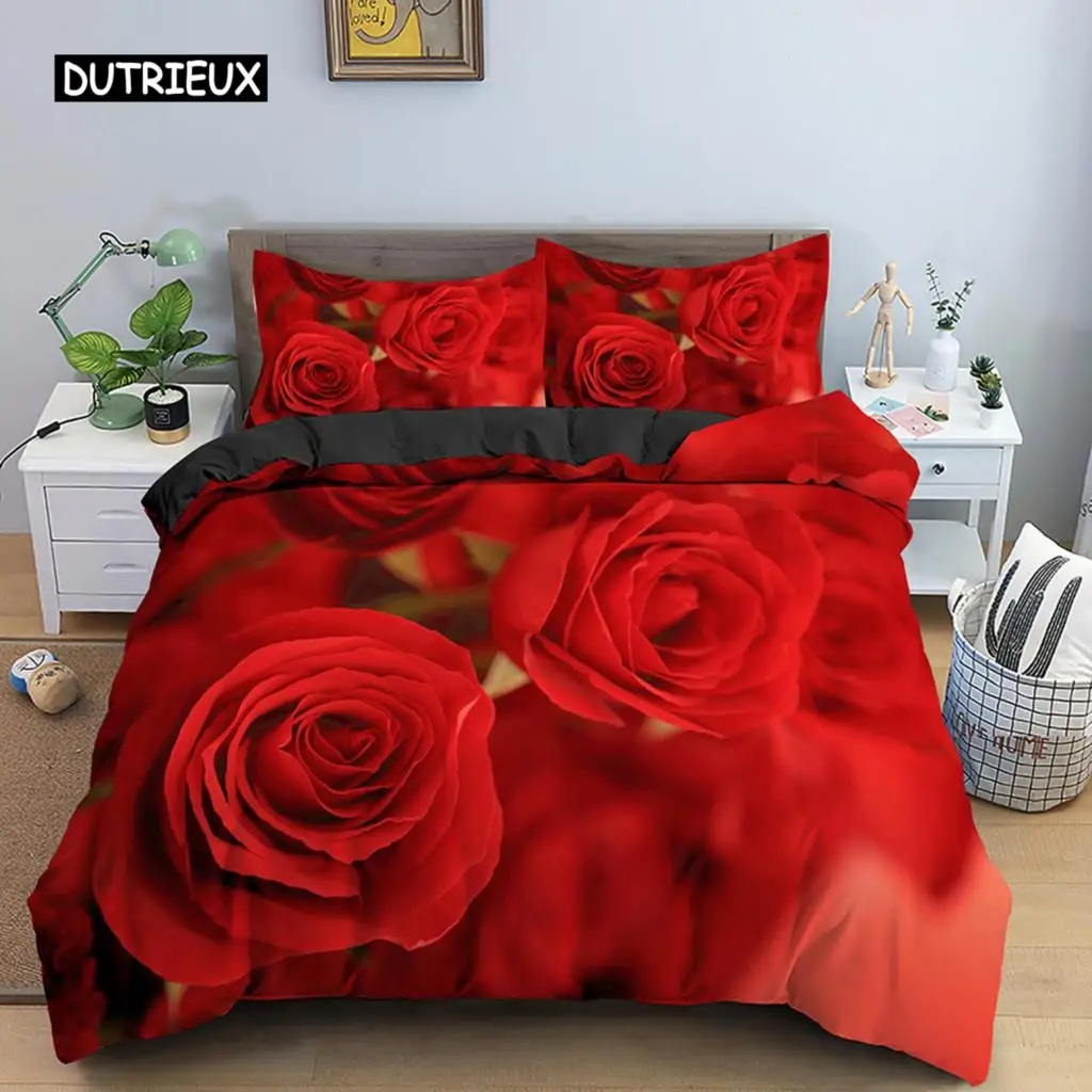 3D Rose Flower Bedding Set 3D Print Duvet Cover Quilt Cover with Zipper Queen Double Polyester Comforter Cover Valentine Gifts