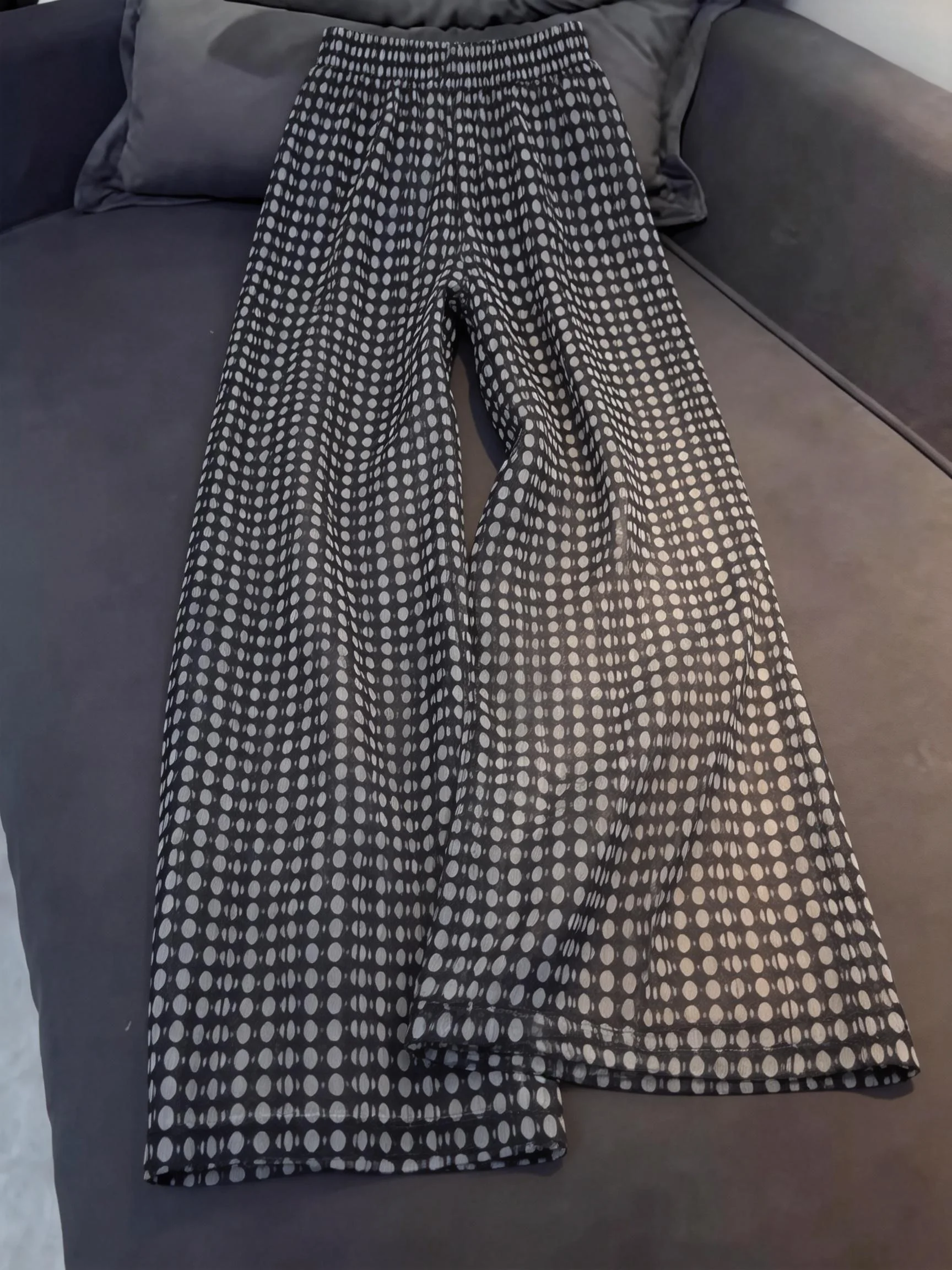 

Широкие брюки из ледяного шелка в горошек для женщин, летние, тонкие, струящиеся, свободные, прямые, повседневные, для пляжа, шифоновые брюки