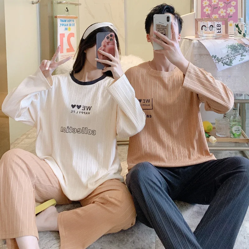 Piyama katun pasangan, baju tidur lengan panjang set piyama Pullover celana panjang, set pakaian tidur Kawaii Korea