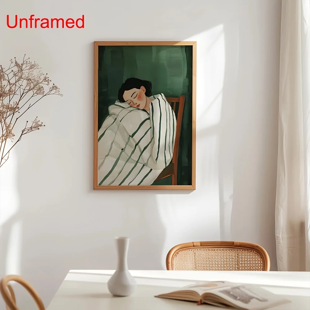 No Framed Vintage Green Striped Sleeping Woman Canvas Poster Cozy Mid Century Feminist Abstract Trendy Wall Art Print Minimalist
