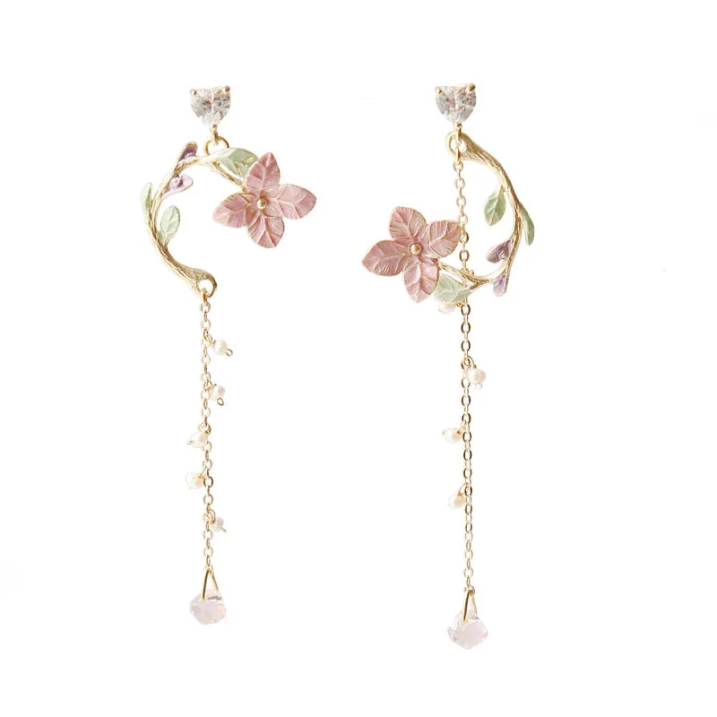 Delicate Asymmetric Flower Tassel Earrings for Women Sweet Cute Aniaml Cat Rose Drop Earring Girls Party Wedding Jewelry Gift