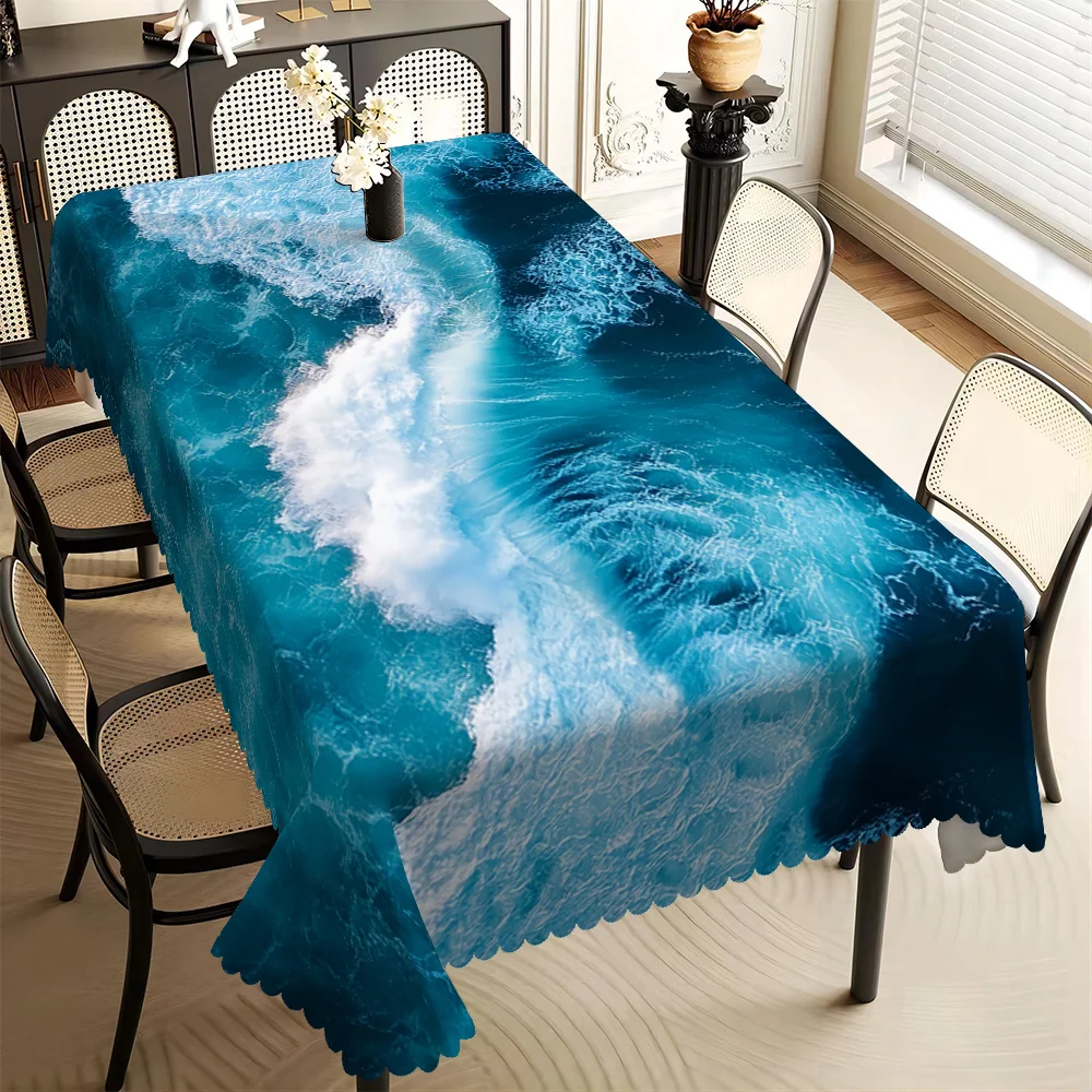 Natural Deep Blue Seawater White Wave Tablecloth Impermeable Wipeable Cover For Dining Coffee Kitchen Coastal Household Decor
