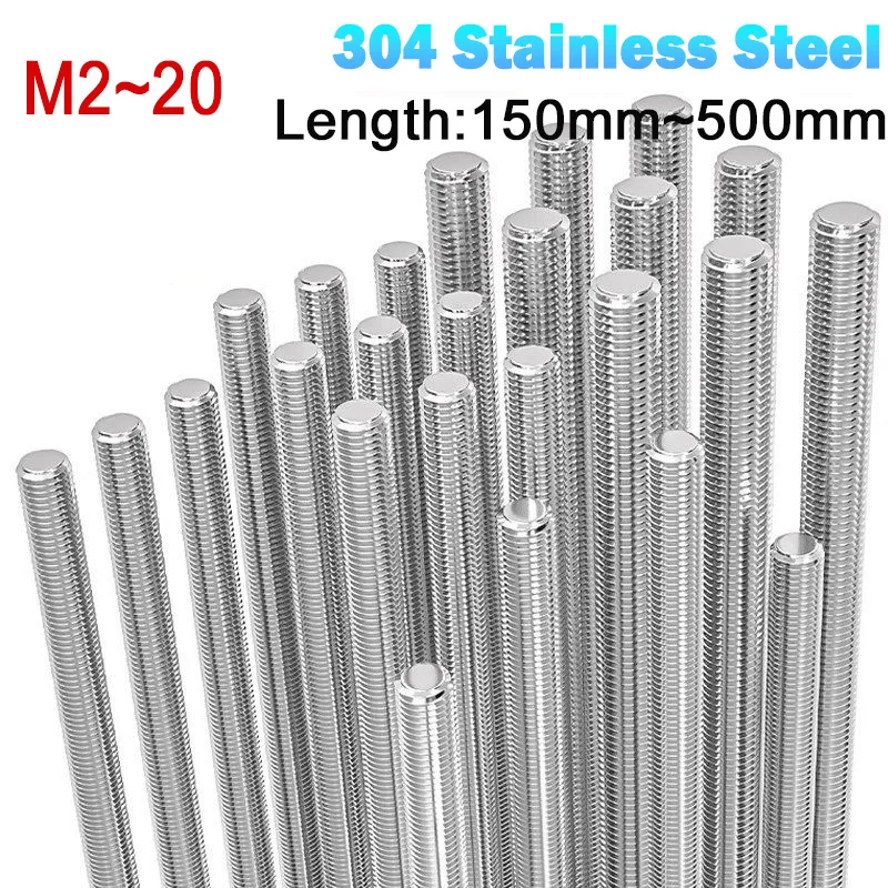 1 Stück M2~M20 304 Edelstahl Vollgewindestange, Bolzenlänge 150-500mm, Vollmetrischer Kopfloser Gewindestift, Gewindestangen, Schrauben