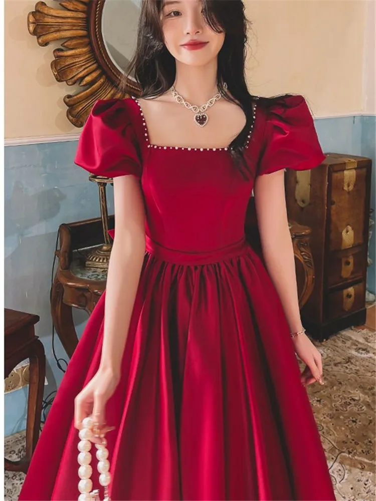 Solid Color Dress for Women Spring Summer New Beaded Bow Square Collar Short Sleeve Mid-length A-line Skirt Female Clothing M240