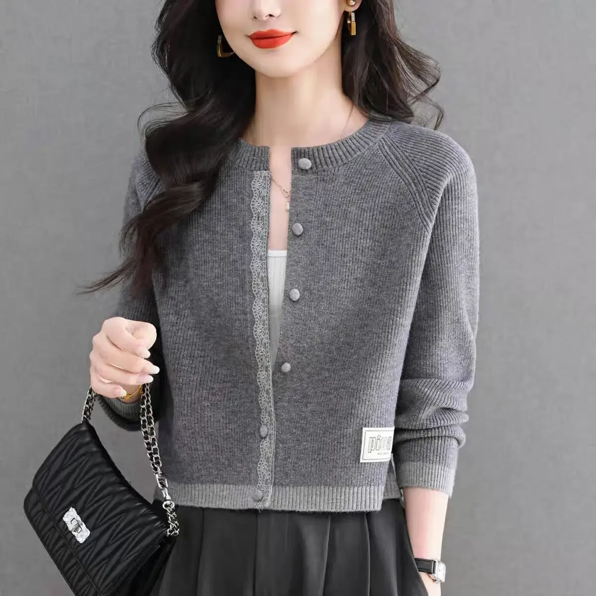 

Versatile Outerwear for Women Elastic Casual ort Knitted Woolen Cardigan round Open Front Sweater Slimming