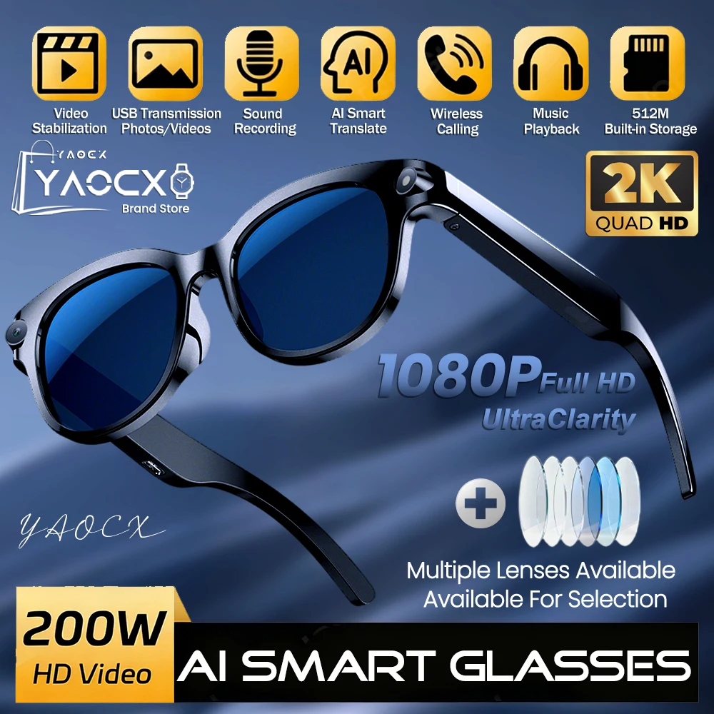 

2026 Смарт-очки с искусственным интеллектом для мужчин и женщин, 200 Вт, HD-камера, 1080P, видео AI, голосовой помощник, перевод, воспроизведение музыки, светодиодный фонарик