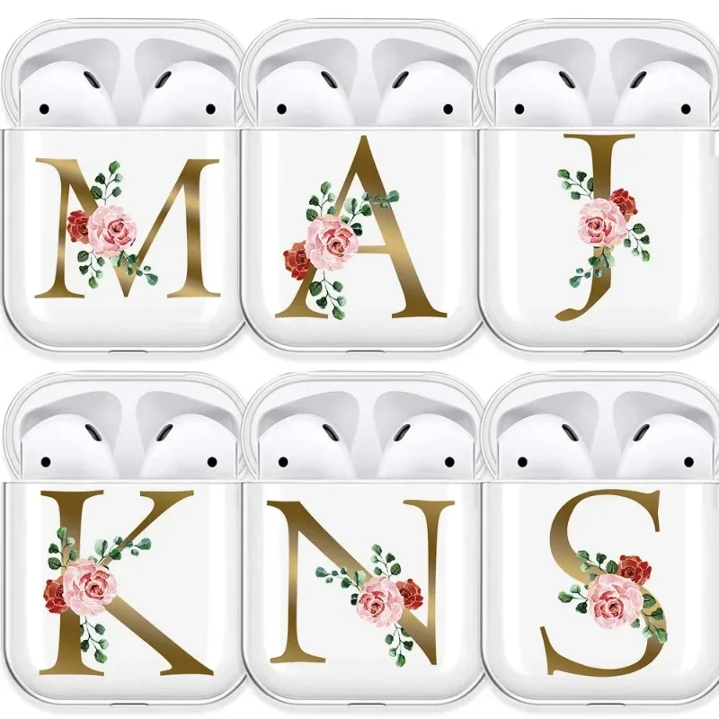 Casing Earphone bening huruf alfabet emas mawar, untuk Apple AirPods 4 3rd 2 Pro2 penutup transparan untuk Airpod 1 3 pelindung Fundas