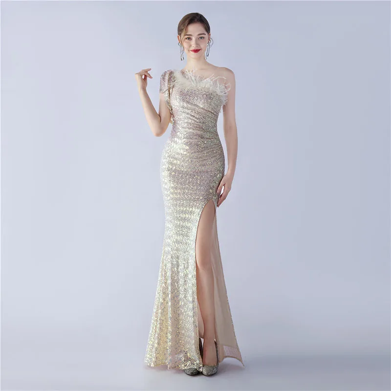 DongCMY Luxury Elegant Prom Dress 2025 Craft Floral And Ostrich Fur High-end Sequined One-shoulder Evening Gown