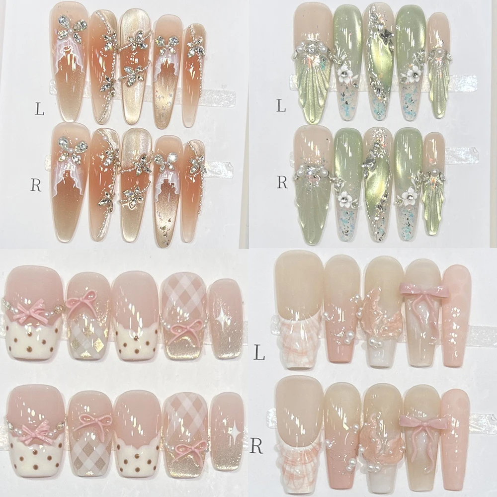 

Fashion Glitter Cat Eyes Diamond Gradients Full Cover Nail Flowers Pearl Bowknot Long Stiletto Ellipse Reusable Fake Nail