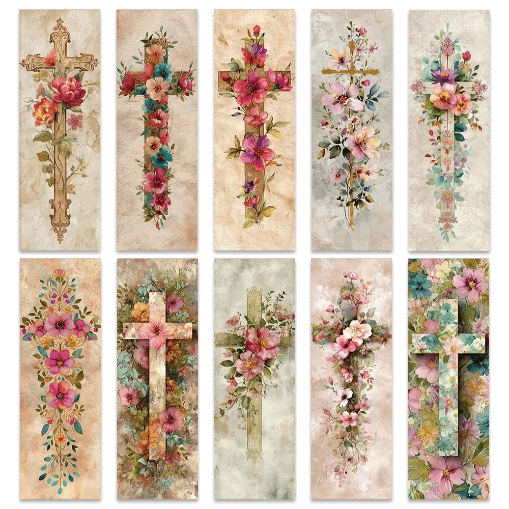 20 Pcs Floral Cross Christian Paper Bookmarks, 10 Unique Designs Vintage Watercolor Flower Page Markers, Religious Themed Reading Accessories, Perfect for Bible Study, Book Lovers and Faith Gifts