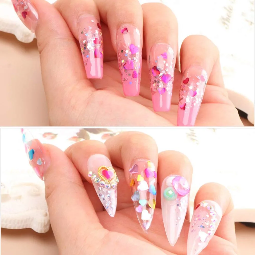 6/12 그리드 홀로그램 러브 하트 글리터 네일 스팽글 반짝 이는 무지개 빛깔의 하트 모양의 네일 글리터 발렌타인 레이저 플레이크 스팽글