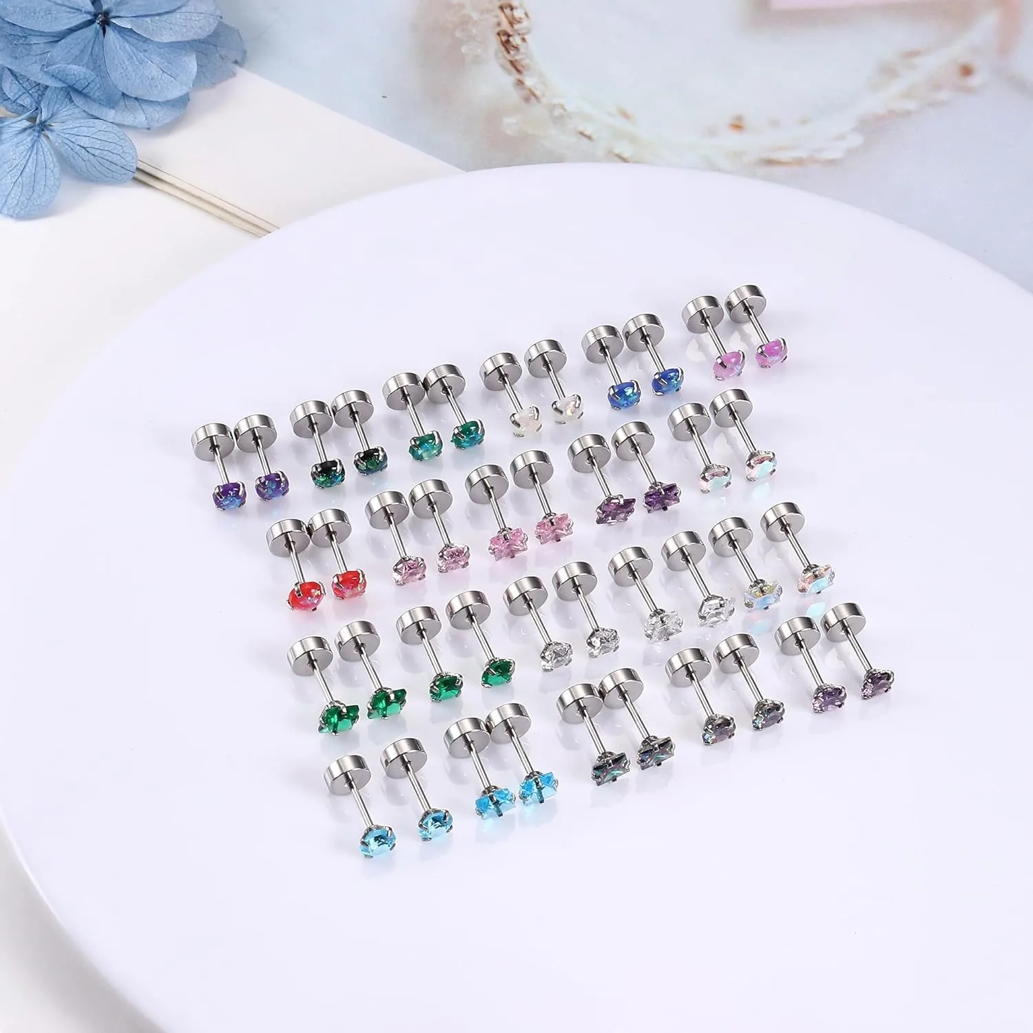 Drperfect 21Pairs Surgical Steel Earrings Flat Back Stud Earrings for Women Men 20G Cartilage Earring Sets for Multiple Piercing