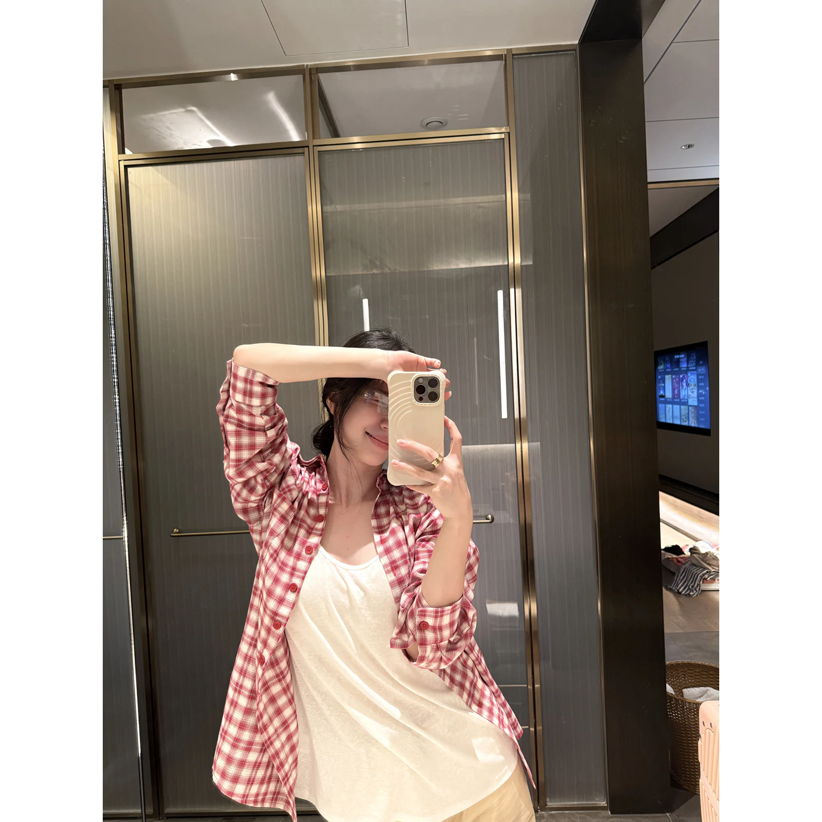 

MOMENTHOME Women's Loose Fit Long Sve irt Pure Cotton Breathable Red Plaid Casual irt Autumn Season Commute Sle