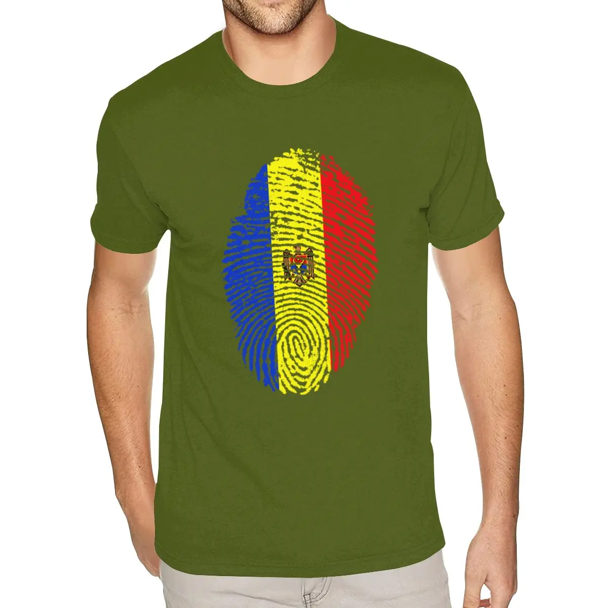 

Custom Made Moldova Flag Fingerprint Tees Mens Custom Short Sleeves Heavy Cotton Moss Green O Neck Tees Shirts