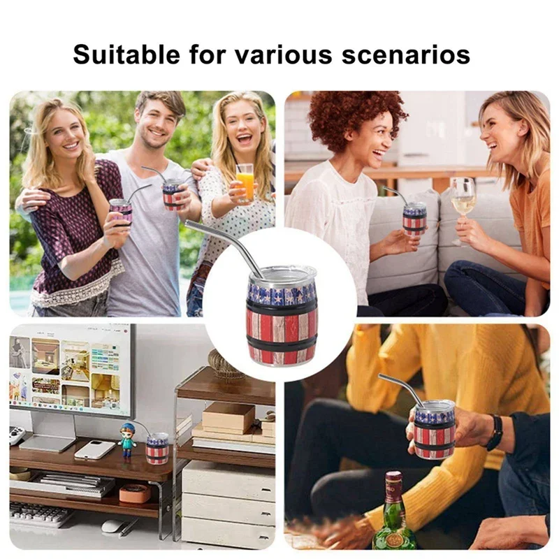 كأس نبيذ صغير مع كوب بقشة وغطاء برميل نبيذ محمول من الفولاذ المقاوم للصدأ كوب بيرة خارجي سهل الشرب 3 أونصة/90 مللي #6