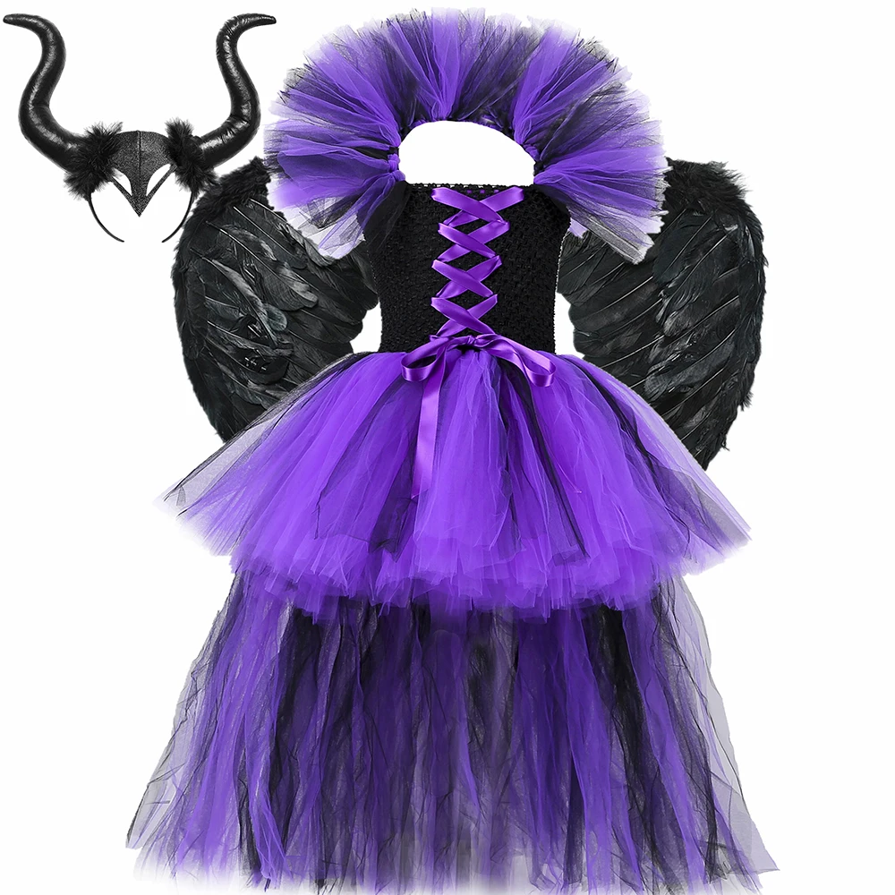 Girls Evil Queen Maleficent Costume Kids Halloween Witch Tutu Dress Black Purple High Low Girls Carnival Party Dress Up Clothes