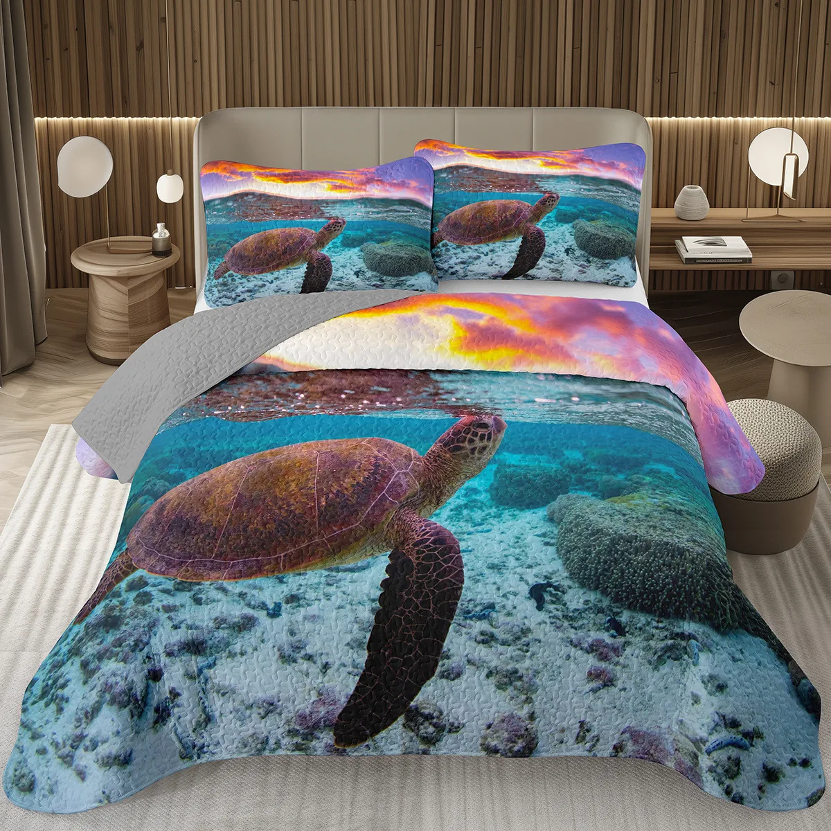 

Sea Turtle Bedspread Queen Twin Underwater World Ocean Animal Coverlet Reptile Tortoise Print Quilted Bedding Set for Kids Adult