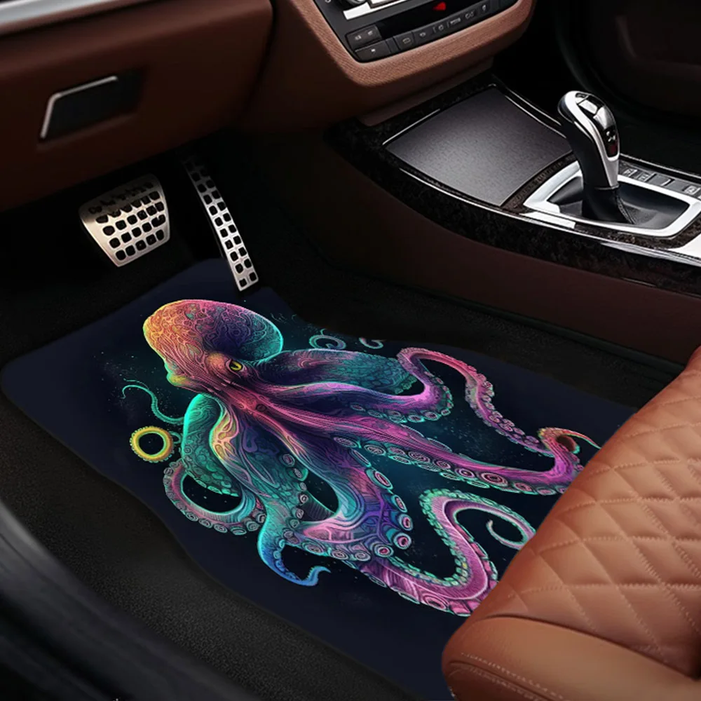 Fluorescent Octopus Design Car Floor Mats - Non-Slip, Stain-Resistant, Thick Polyester Front & Rear Seat Covers, Machine Washabl