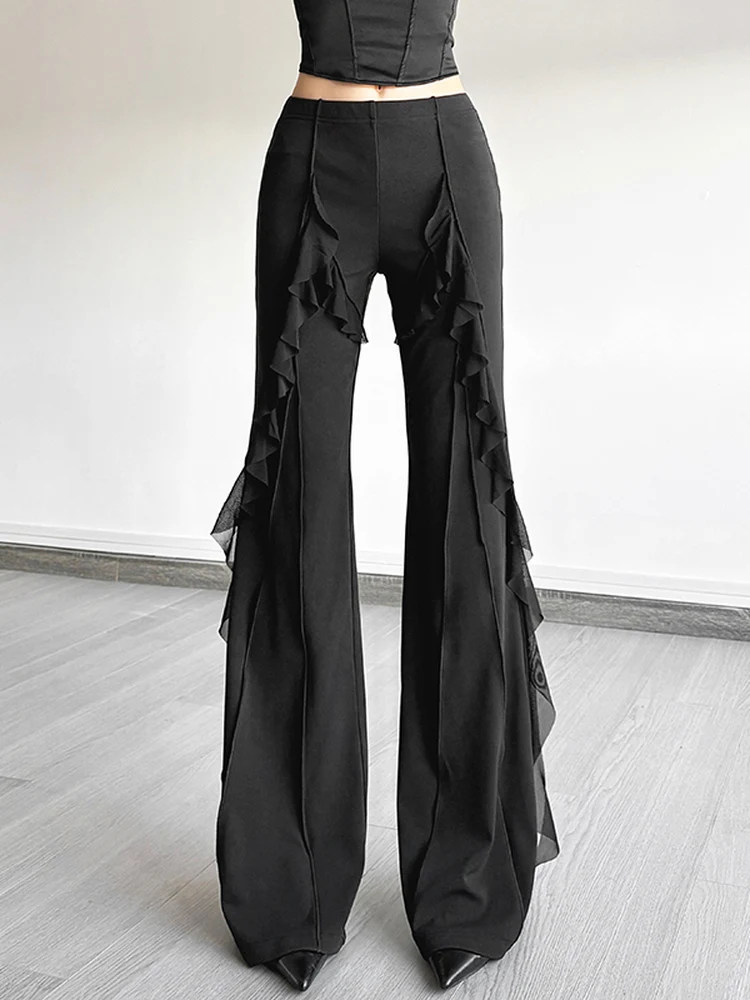 WEIRD PUSS 트렌디 밀레니엄 걸 캐주얼 팬츠 여성용 패셔너블 올매치 슬리밍 마이크로 플레어 팬츠 거즈 포함