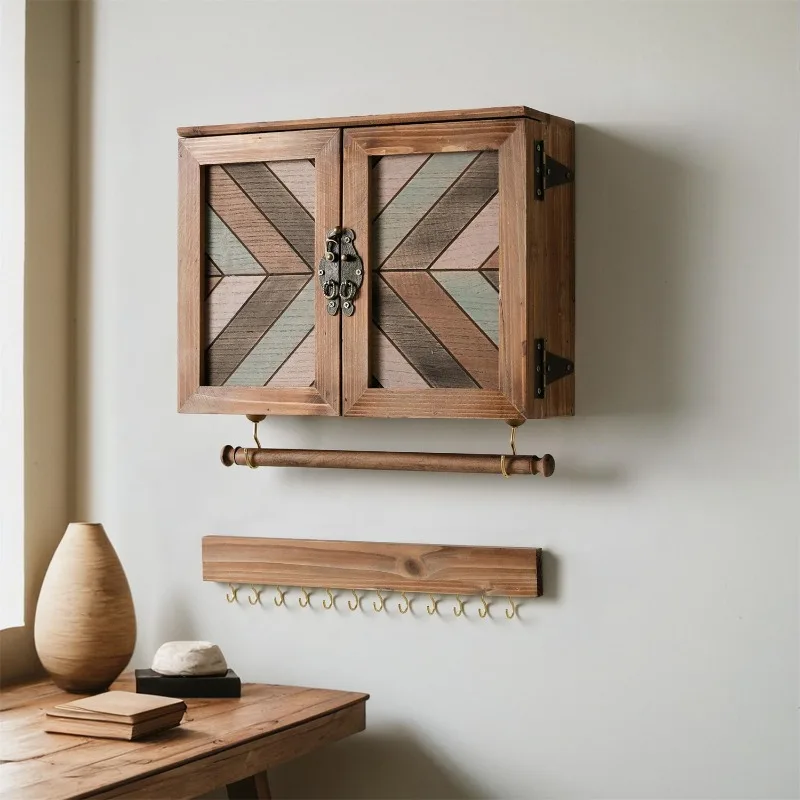Vintage Wall-Mounted Jewelry Cabinet Rustic Wood Display Cabinet with Door Boho Chic Organizer Shelf Anti-Dust Storage Rack