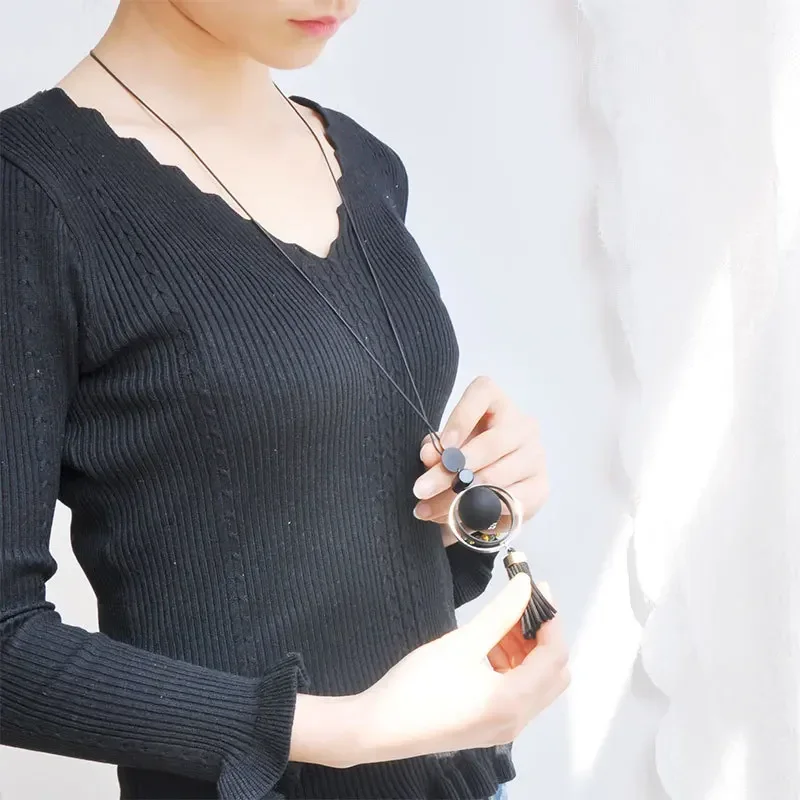 Fashion Sweater Chain Necklaces For Women Geometric Circle Moon Square Ball Pendant Long Tassel  Snake Link Jewelry