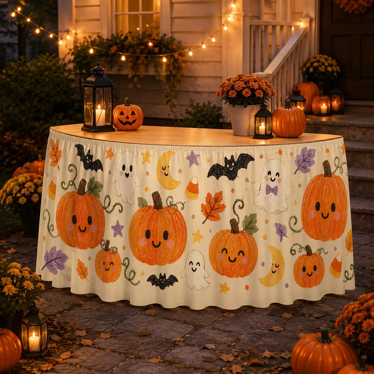 Cute Halloween table skirt with star cartoon print, cream-colored background, for children's Halloween party decorationxzj