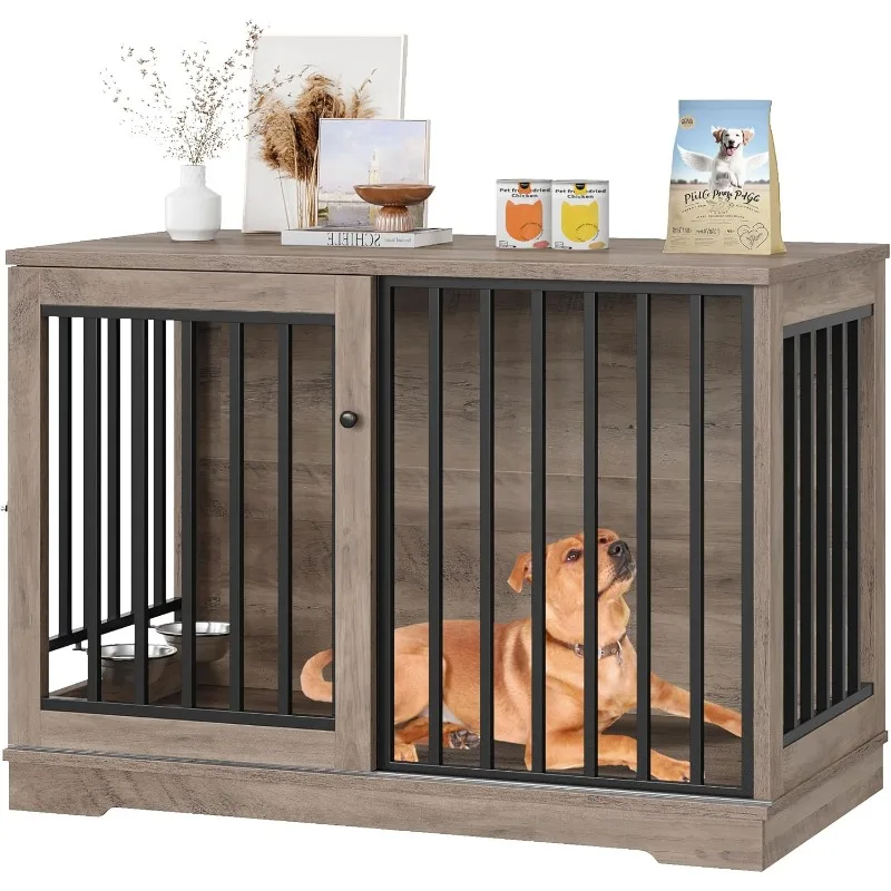 47” Large Dog Kennel for Dogs Indoor, Heavy Duty Dog Cage with Sliding Door and 2 Bowls Wooden End Table in Living Room