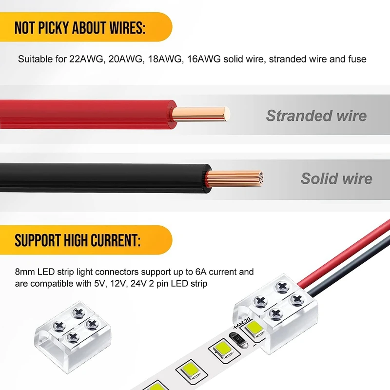 30PCS Connectors 2 Pin 10Mm Solderless LED Tape Light Connector LED Strip Connector Tape To Wire Terminal Block Connector