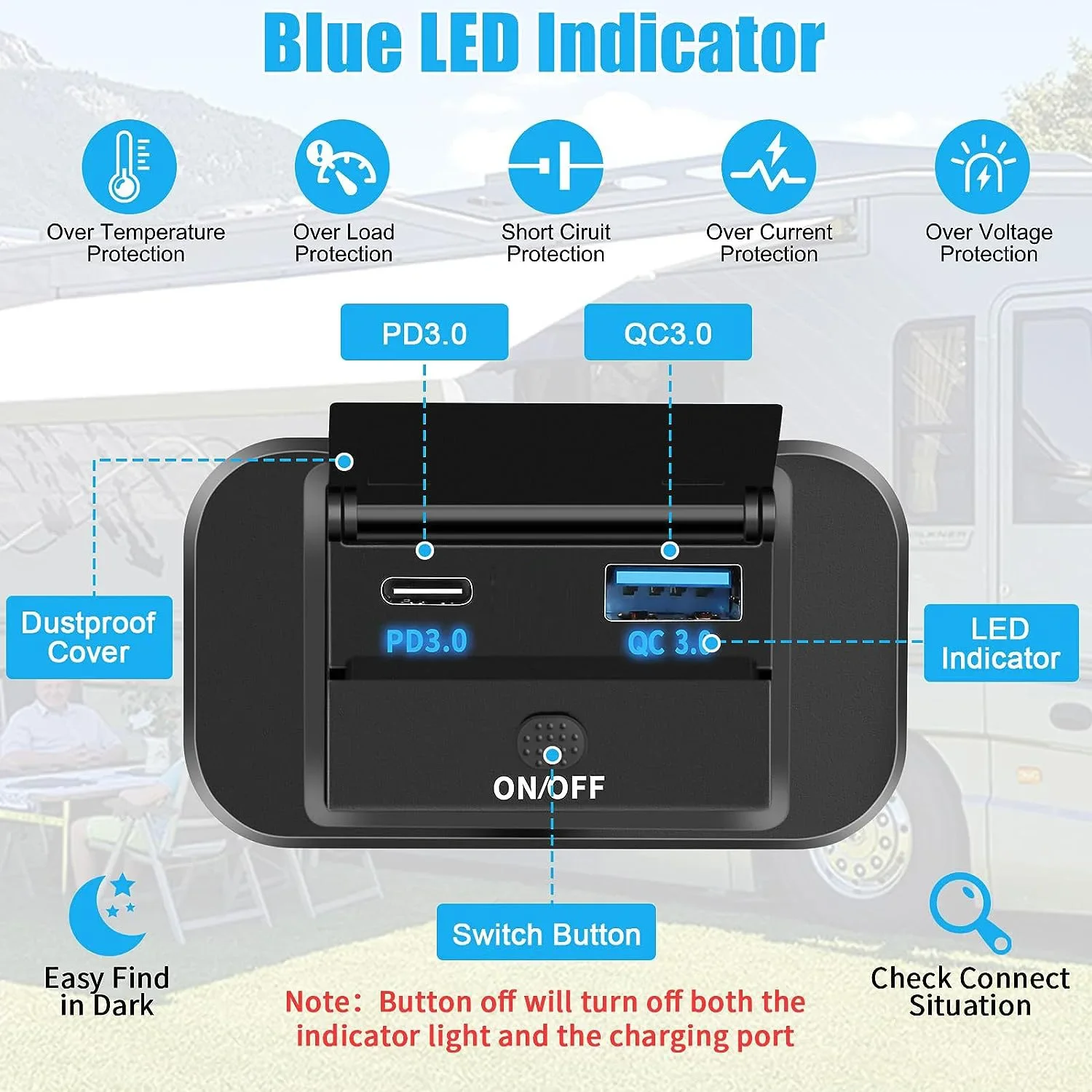 듀얼 USB 차량용 고속 충전기 소켓, 방수 휴대폰 충전기, 전원 콘센트, QC3.0 및 PD 포트, 차량용 고속 충전기, 12V, 54W