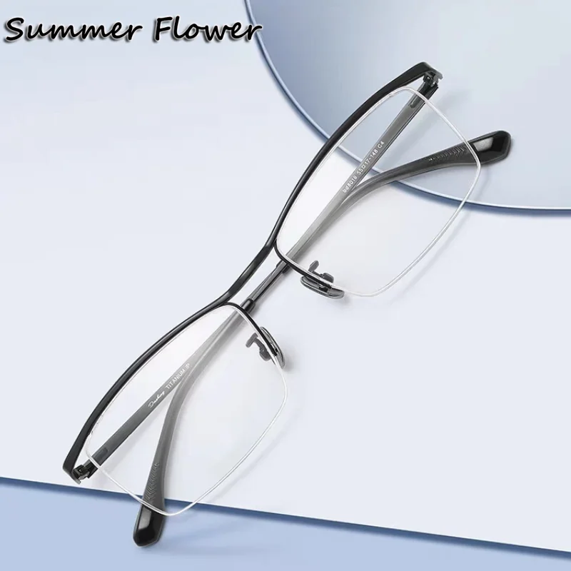 140mm Pure Titanium Glasses Frame Men Fashion Wide Male Optical Spectacle Light Semi Rim Gentlemen High End Prescription Glasses