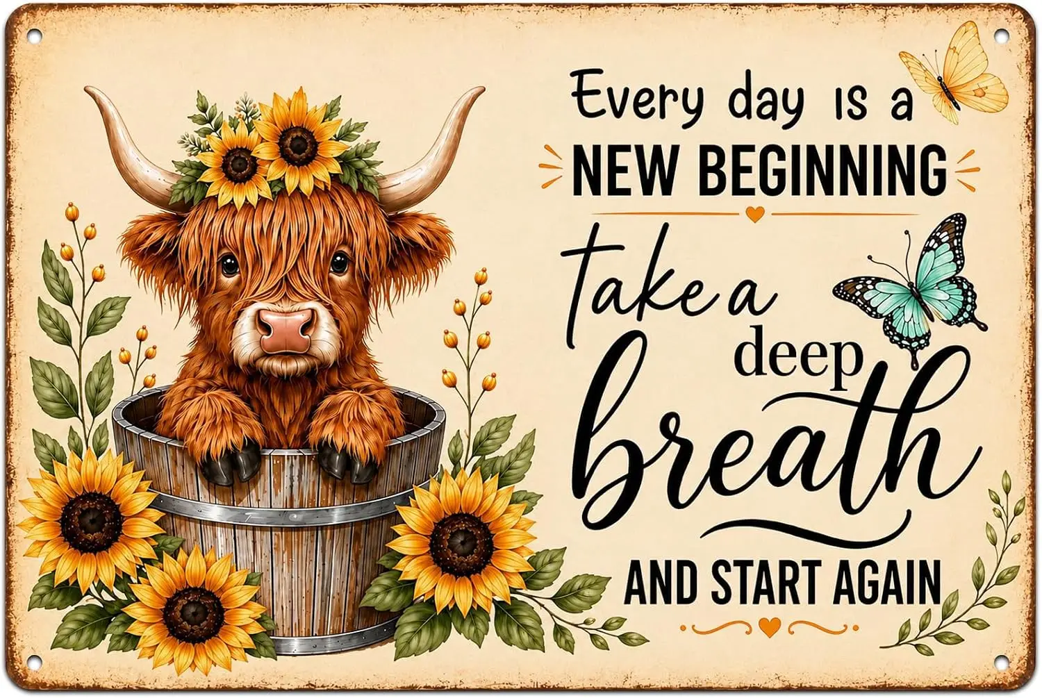Highland Cow Sunflower Metal Sign, New Beginning Farmhouse Decor | featuring a highland cow, sunflowers, butterflies, and an upl